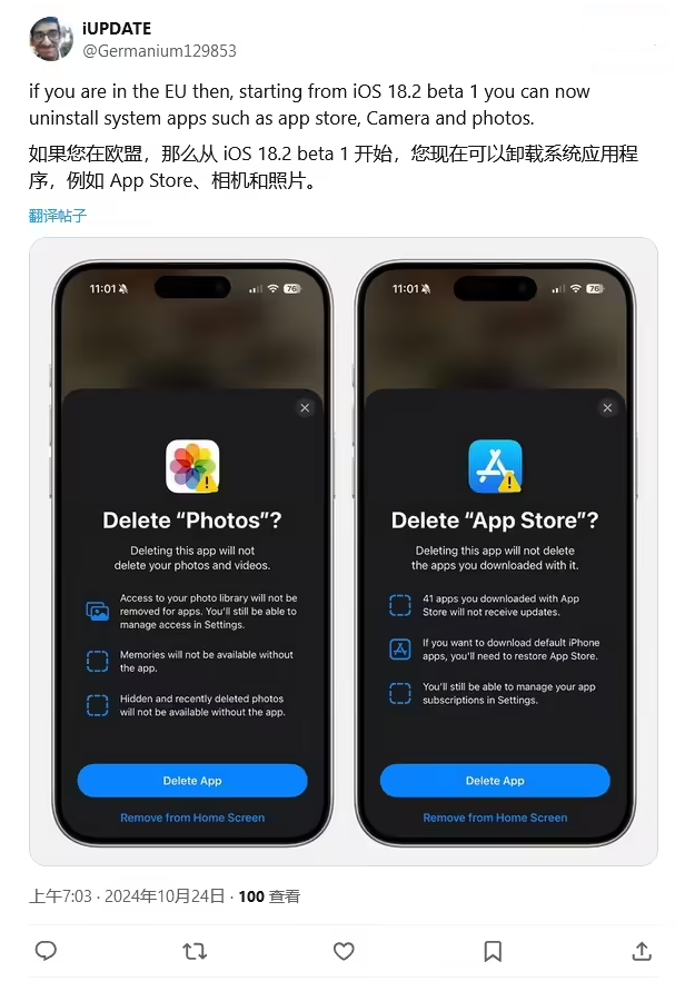 彝良苹果手机维修分享iOS 18.2 支持删除 App Store 应用商店 