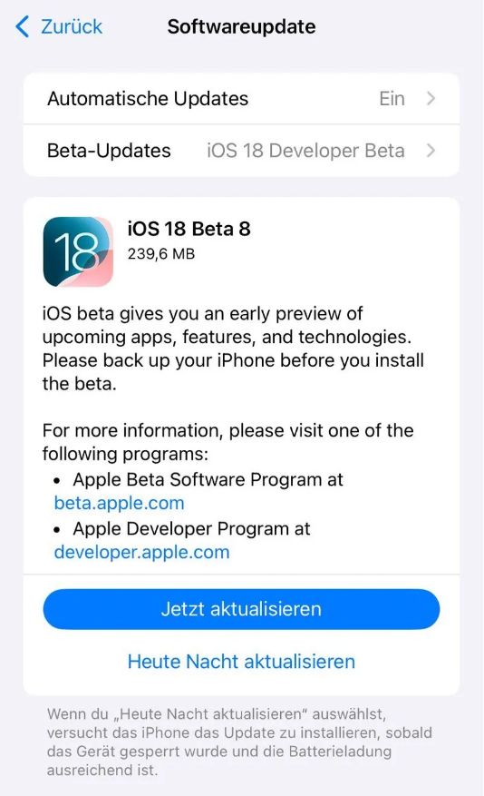 彝良苹果手机维修分享苹果 iOS / iPadOS 18 开发者预览版 Beta 8 发布 